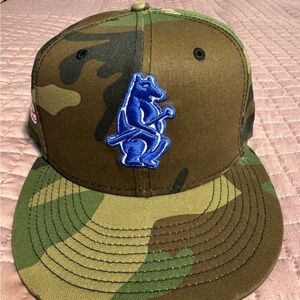 Camo Baseball Cap with Blue Bear Patch Cubs size 73/8
